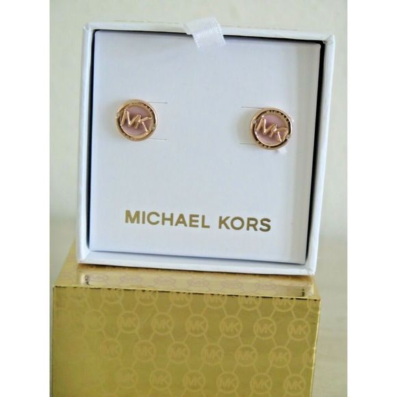 Michael Kors Rose Gold Tone Signature Logo Crystal Stud Earrings - Picture 2 of 5
